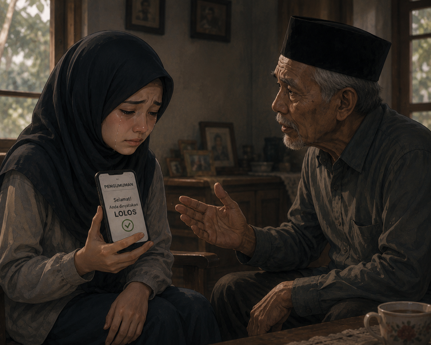 ilusi anak remaja yang sedih saat berbincang dengan sang kakek